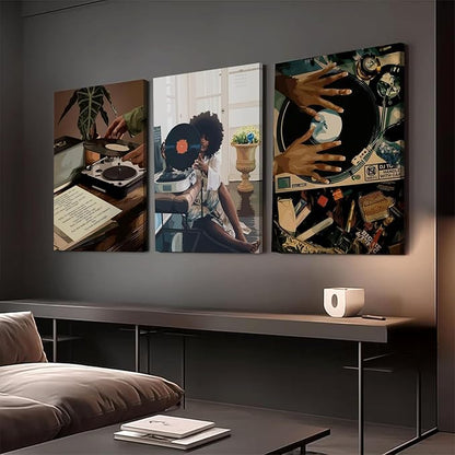 YFvrPt Black Girl Wall Art Decor Modern Black Woman Painting Prints, Set of 3 African American Music Record Player Poster Canvas Artwork for Bedroom Living Room 16x24 inch Framed
