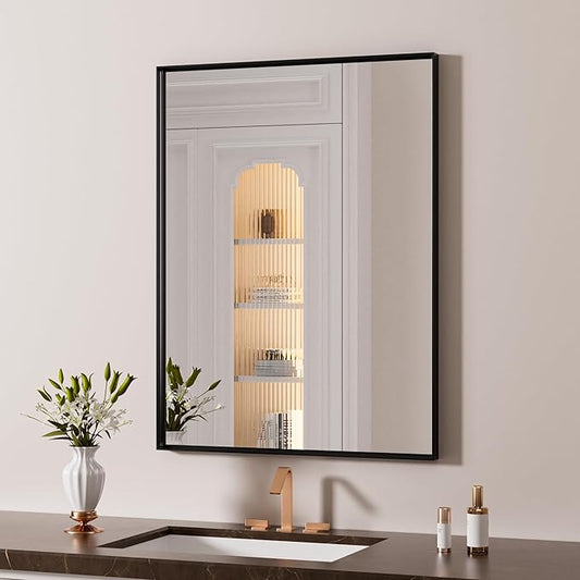 LOAAO Black Bathroom Mirror 24"X30" for Wall, Rectangle Bathroom Vanity Mirror, Hangs Vertically or Horizontally, Easy to Install, Modern Design