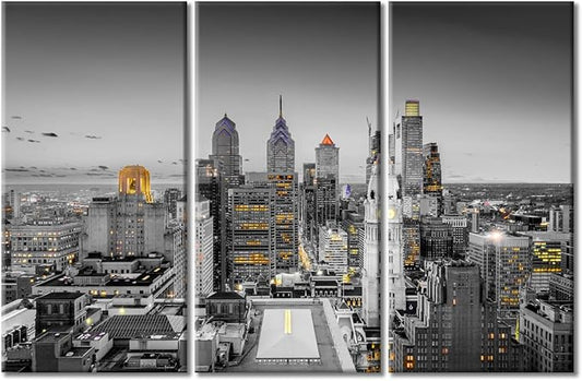 American Cityscape Canvas Wall Art City Skyline Wall Decor Living Room Philadelphia Pennsylvania Skyscrapers Pictures Wall Decor for Bedroom Posters and Prints Framed Ready to Hang (42"Wx28"H)
