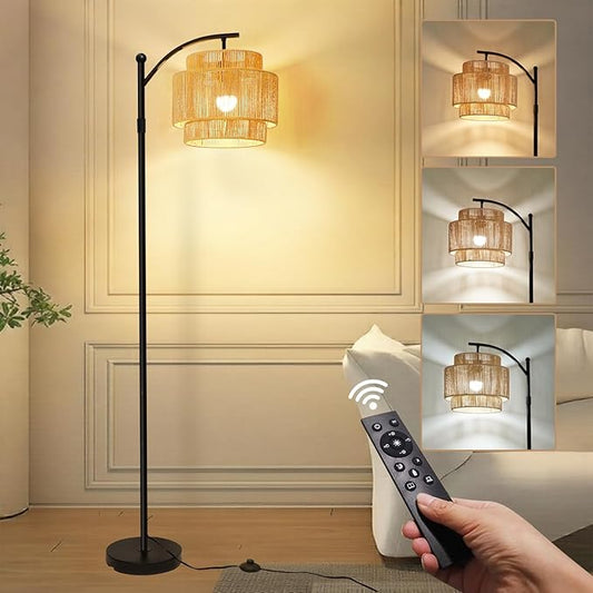 Vinaco Adjustable Height Floor Lamp Rattan 3 Color Temperature,Dimmable Tall Boho Floor Lamps with Remote & Foot Switch, Rotating Lamp Shade Wicker Arc Standing Lamp for Living Room Bedroom Lights