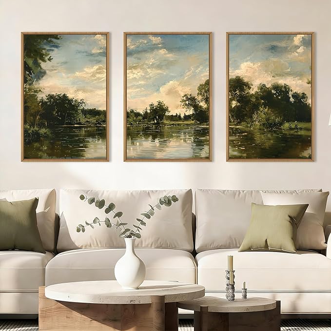 Aryroi Vintage Landscape Framed Canvas Wall Art Set,Rustic Natural Green Trees and Lake Wall Decor,Classic Nature Scenic French Country Forest Artwork for Living Room,Bedroom,Farmhouse-16 x24 x3