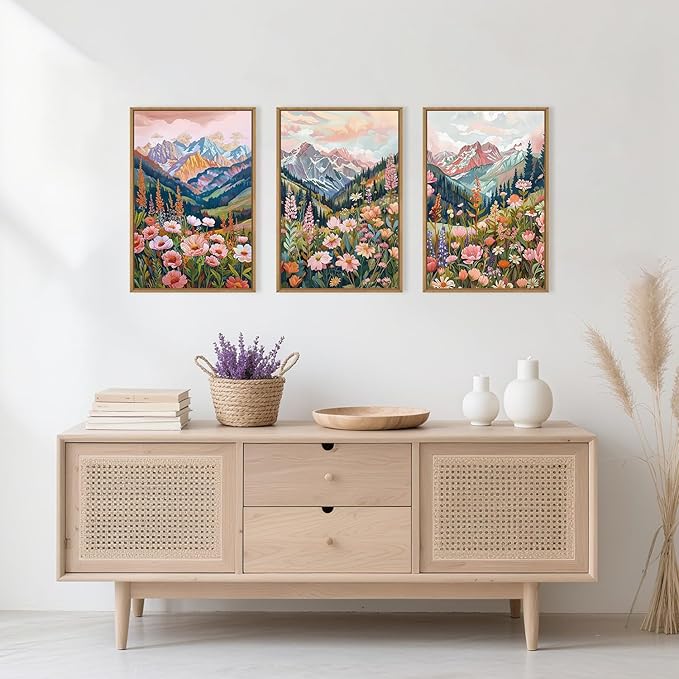 Aryroi Boho Vibrant Spring Mountain Wildflower Framed Canvas Wall Art Set,Colorful Natural Flower Forest Wall Decor,Modern Pink Floral Botanical Landscape Artwork for Living Room,Office,Farmhouse- 16"x24"x3