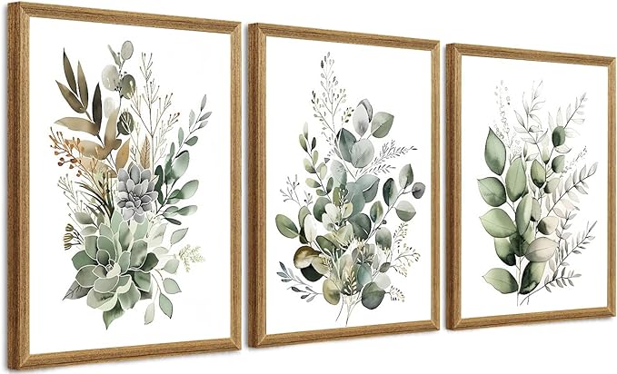 FYLDPSB 3 PCS Framed Watercolor Floral Canvas Wall Art, Boho Sage Green Wildflower Wall Decor, Modern Flowers and plants Painting Print for Bedroom Living Room Bathroom Decorations 16''L x 12''W