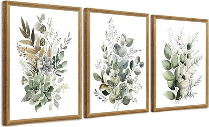 FYLDPSB 3 PCS Framed Watercolor Floral Canvas Wall Art, Boho Sage Green Wildflower Wall Decor, Modern Flowers and plants Painting Print for Bedroom Living Room Bathroom Decorations 16''L x 12''W