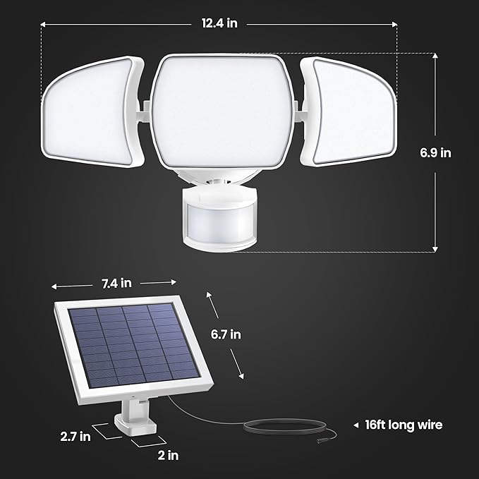 Feit Electric Outdoor LED Triple Head Solar Security Flood Lights with Motion Sensor, Dusk-to-Dawn Sensor, 3000 Lumens Floodlight, 5000K Daylight, No Hardwiring Needed, S13TFL/3000MOTSOL/WH