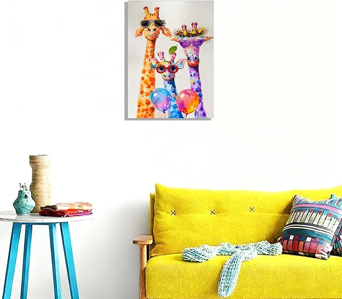 12x16 Graffiti Giraffe Family Canvas Wall Art, Colorful Framed Animal Prints with Sunglasses & Balloon, Funny Lovely Artwork for Kids, Teen Boys Girls, Nursery Bedroom & Living Room Home Decor