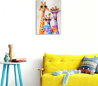 12x16 Graffiti Giraffe Family Canvas Wall Art, Colorful Framed Animal Prints with Sunglasses & Balloon, Funny Lovely Artwork for Kids, Teen Boys Girls, Nursery Bedroom & Living Room Home Decor