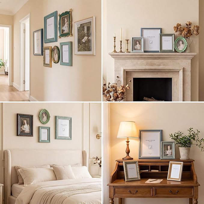 Kathfly 15 Pack Vintage Picture Frames for Wall or Tabletop Display Ornate French Country Frames Vintage Farmhouse Decor Antique Wall Art Set for Gallery Bedroom Living Room Decor (Blue-green Family)
