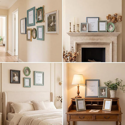 Kathfly 15 Pack Vintage Picture Frames for Wall or Tabletop Display Ornate French Country Frames Vintage Farmhouse Decor Antique Wall Art Set for Gallery Bedroom Living Room Decor (Blue-green Family)