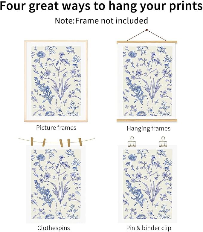 LYPHNX Blue White Chinoiserie Floral Poster Wall Art Navy Watercolor Flower Canva Painting Set of 3 Minimalist Botanical Wildflower Prints Picture Home Decor for Bedroom Living room 12"x16" UnFramed