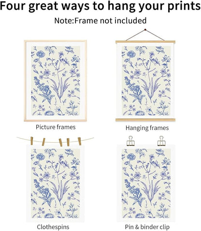 LYPHNX Blue White Chinoiserie Floral Poster Wall Art Navy Watercolor Flower Canva Painting Set of 3 Minimalist Botanical Wildflower Prints Picture Home Decor for Bedroom Living room 12"x16" UnFramed