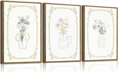 KISSFOX 3 Piece Floral Framed Wall Art Flower Pictures Wall Decor Wildflowers Canvas Wall Art Green Boho Botanical Paintings poster prints for Girly Bedroom Living Room Bathroom
