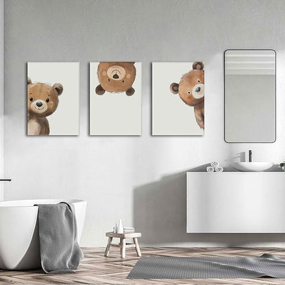 AOYUSMO 3 Piece Baby Bear Canvas Wall Art Nursery Funny Animal Wall Art Cute Bear Pictures Wall Decor Kids Baby Boy Animal Art Prints for Children's Room Bedroom 12"X16" Framed