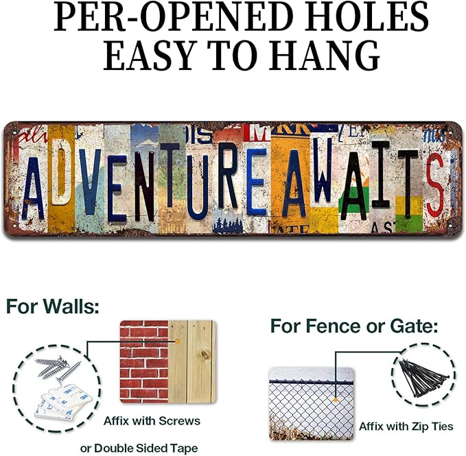 Adventure Awaits Vintage Metal Tin Sign - Rustic Inspirational Wall Art for Home, Office, Cabin, Travel Décor - 4x16 Inch