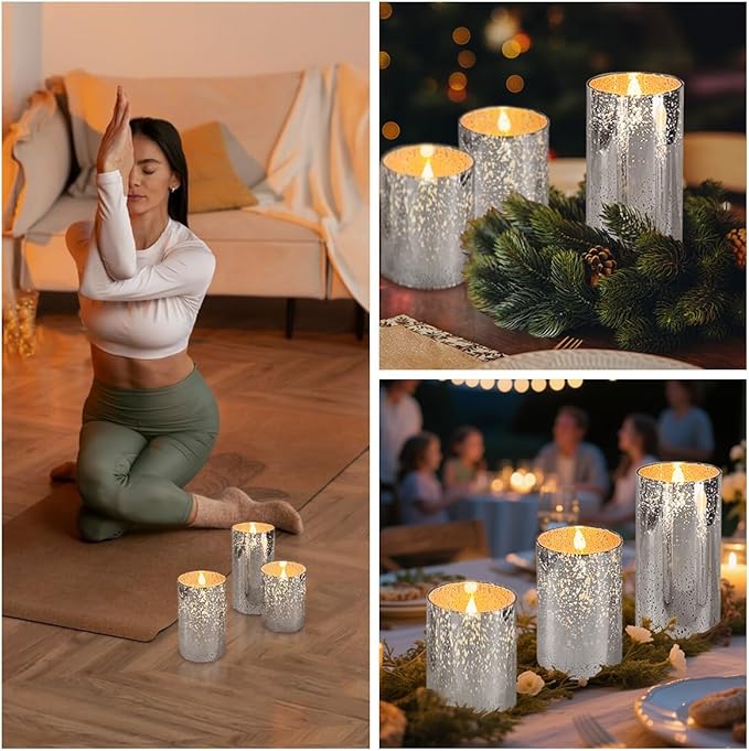 LEDHOLYT Rechargeable Flameless Candle, Flickering LED Pillar Glass Fake Candle with Remote and Timer, Built-in Battery Real Wax Electronic Candle for Room Decoration, Set of 3