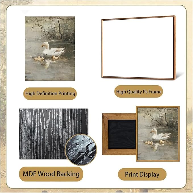 Framed Vintage Duck Canvas Wall Art, Farmhouse Animal Pictures Wall Decor, Rustic Country Nature Paintings Prints Cottagecore Home Decor Artwork for Living Room Bedroom Bathroom 8x10in