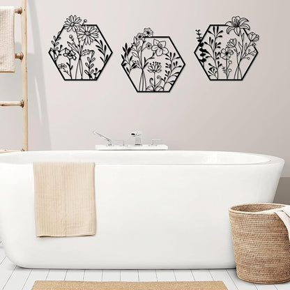 ESTART 3 Pcs Metal Flower Wall Decor Minimalist Floral Wall Hanging Decor Metal Flower Rustic Floral Art for Spring Bedroom Bathroom Living Room Kitchen Dining Room Decoration (Black)