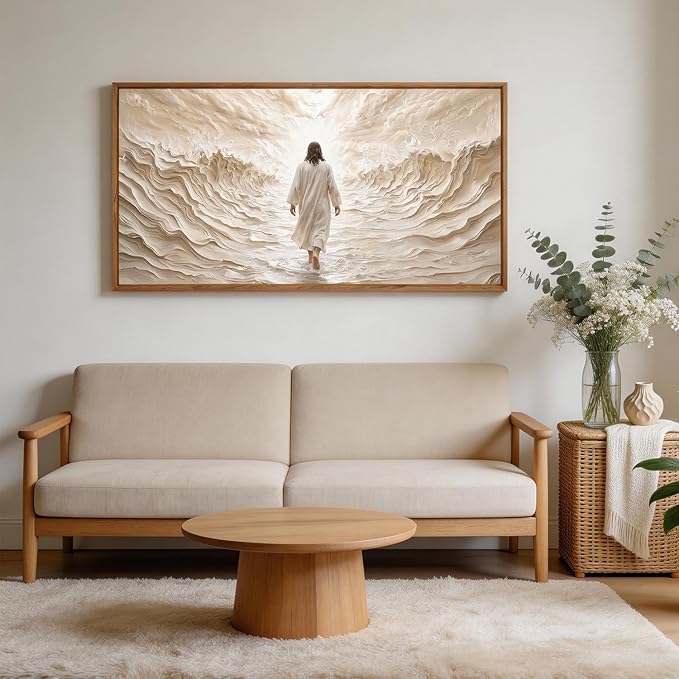 Aurlan Jesus Walking on Water Framed Wall Art(40"x20"), 3D Textured Modern Christian Biblical Faith Divine Light Canvas Artwork, Large Religious Spiritual LDS Baptism Gift Painting Decor for Home Office Living Room Bedroom