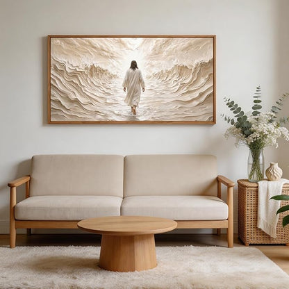 Aurlan Jesus Walking on Water Framed Wall Art(40"x20"), 3D Textured Modern Christian Biblical Faith Divine Light Canvas Artwork, Large Religious Spiritual LDS Baptism Gift Painting Decor for Home Office Living Room Bedroom