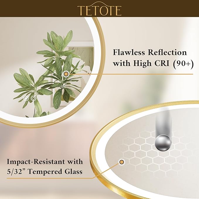 TETOTE Gold Led Round Mirror with Lights 36 Inch Metal Framed Round Circle Lighted Bathroom Vanity Mirror Wall Mounted, Front and Backlit 3 Color Stepless Dimmable Anti Fog, Shatterproof, CRI 90+