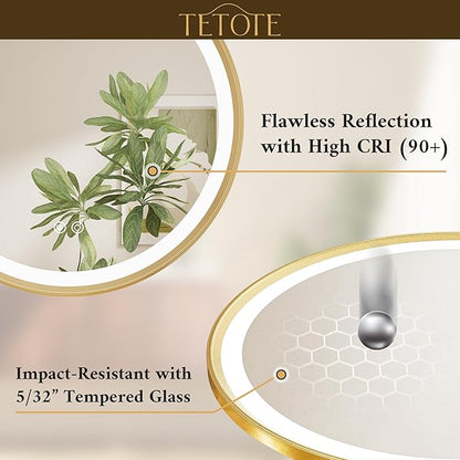 TETOTE Gold Led Round Mirror with Lights 36 Inch Metal Framed Round Circle Lighted Bathroom Vanity Mirror Wall Mounted, Front and Backlit 3 Color Stepless Dimmable Anti Fog, Shatterproof, CRI 90+