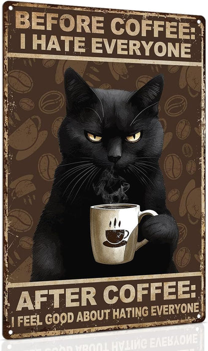 ALKB Funny Black Cat Sign, Vintage Coffee Sign - Before Coffee I Hate Everyone Wall Decor, 8x12 Inch