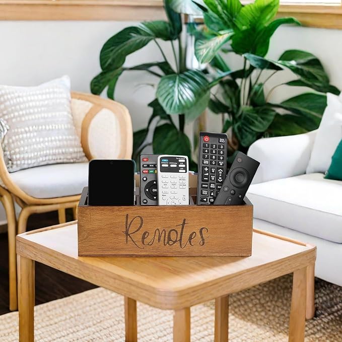 LBEMEY Acacia Wood Remote Control Holder Caddy, TV Organizer for Table, Vintage Farmhouse Desk Caddy (Brown-for 6+ Controls)