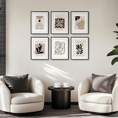 Framed Neutral Abstract Wall Art for Living Room, Set of 6 Minimalist Black Beige Prints Artwork for Walls, Modern Matisse and Geometric Pictures for Bedroom Dining Room Bathroom Wall Decor 11x14 In