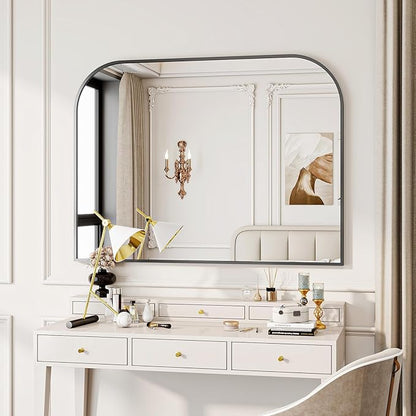Black Arched Top Wall Mounted Mirror - 48 x 30 Inch Round Cruved Top Bathroom Vanity Mirror, Aluminum Metal Framed, Home Decor for Living Room, Bedroom, Fireplace, Mantle, Entryway