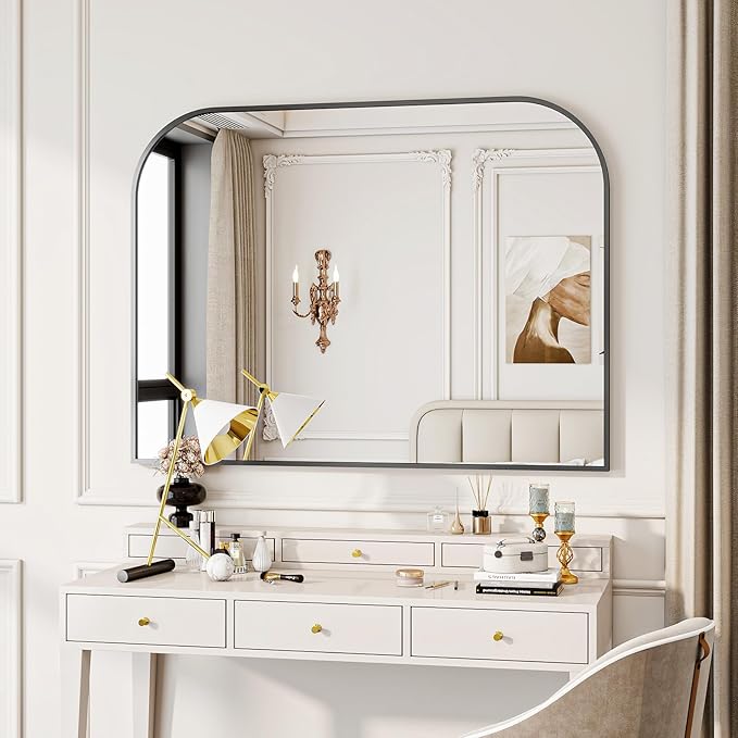 Black Arched Top Wall Mounted Mirror - 38 x 30 Inch Round Cruved Top Bathroom Vanity Mirror, Aluminum Metal Framed, Home Decor for Living Room, Bedroom, Fireplace, Mantle, Entryway