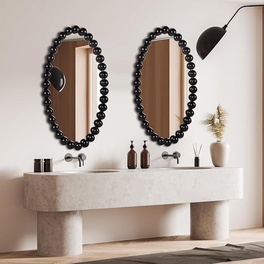 Oval Round Wall Mirror - 30 Inch Decorative Framed Bathroom/Living Room Accent Mirror with Beaded Ball Trim - Vintage Modern Style (Black/White/Gold) (Black)