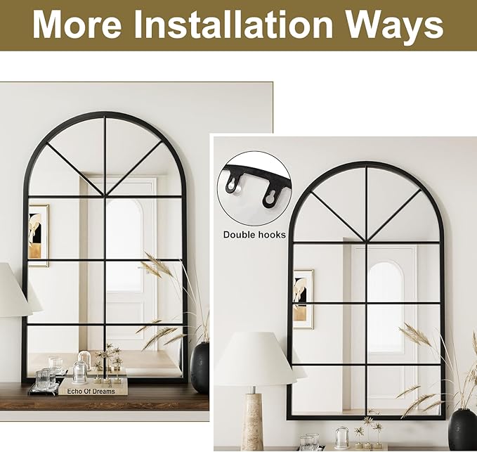Rowjut Arched Wall Mirror Wall Decorative/Iron Framed Window Pane Mirrors,42" x 24" Window Mirror, Arched Top Wall Mirror for Entryway Living Room, Bedroom, Fireplace .(Deep Black)