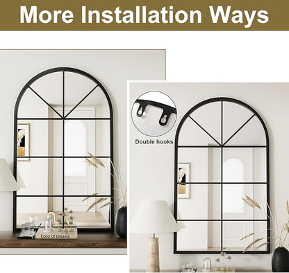 Rowjut Arched Wall Mirror Wall Decorative/Iron Framed Window Pane Mirrors,42" x 24" Window Mirror, Arched Top Wall Mirror for Entryway Living Room, Bedroom, Fireplace .(Deep Black)