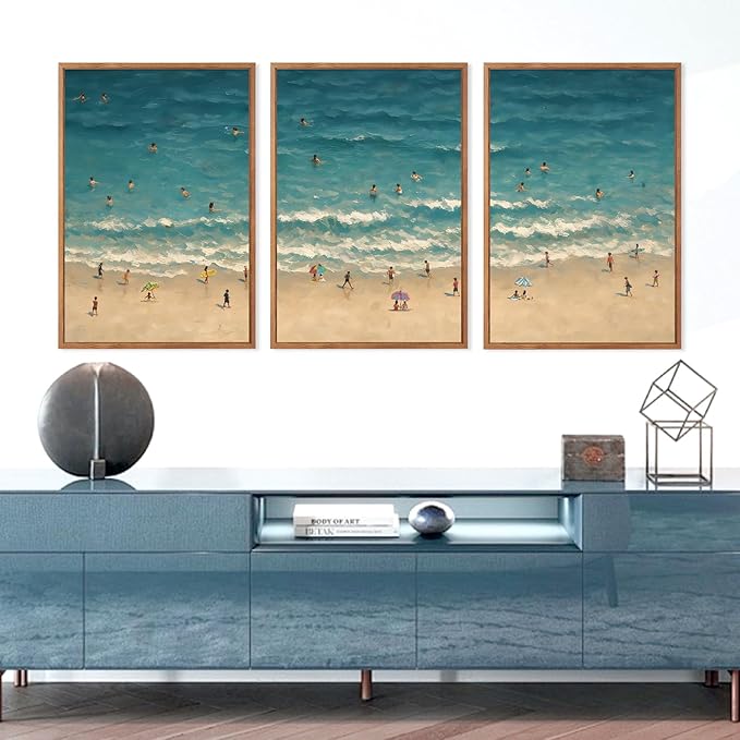 HLNIUC Summer Beach Framed Canvas Wall Art,Large Coastal Sea Wave Wall Decor,Blue Ocean Swimming Artwork Set of 3(24x36),Watercolor Seaside Holiday Art Prints for Living Room, Bedroom,Office