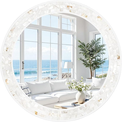 Tanmicoshomy Round Bathroom Mirror 26 Inch, Circle Mirror with Natura Shell Inlay Frame, Decorative Round Mirror for Bathroom Bedroom Living Room Entrayway