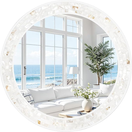 Tanmicoshomy Round Bathroom Mirror 26 Inch, Circle Mirror with Natura Shell Inlay Frame, Decorative Round Mirror for Bathroom Bedroom Living Room Entrayway
