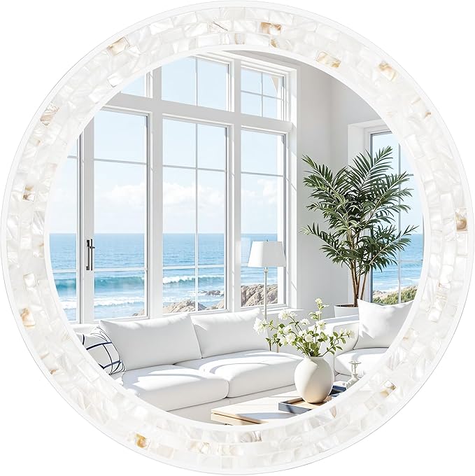 Tanmicoshomy Round Bathroom Mirror 28 Inch,Circle Mosaic Wall Mirrors with Natural Shell Frame, Decorative Coastal Mirrors for Bathroom Bedroom Living Room or Entrayway