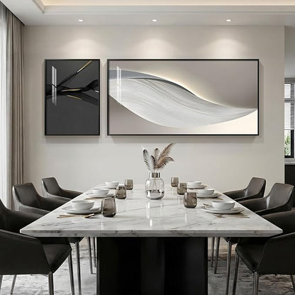 Extra Large Framed Modern Abstract Wall Art for Living Room, Set of 2 Long Horizontal Prints Paintings, Minimalist Black White and Silver Gray Pictures for Hallway Bedroom Dining Room Office Wall Decor
