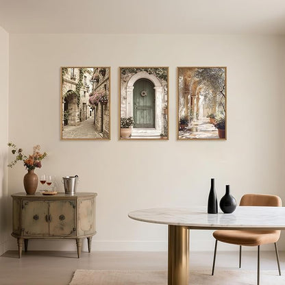 European Flower Street Framed Canvas Wall Art Set,Natural Architecture Travel City Landscape Wall Decor,Vintage Neutral Archway Cityscape Artwork for Living Room,Bedroom,Farmhouse-16 x24 x3