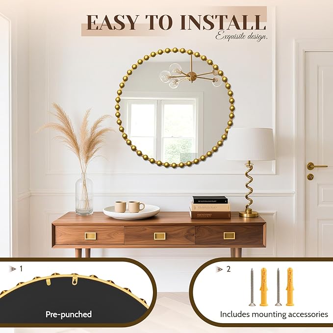 36''x36'' Beaded Gold Round Wall Mirror with Metal Frame, Small Vintage Retro Baroque Ornate Vanity Mirror for Bathroom, Fireplace,Entryway, Living Room