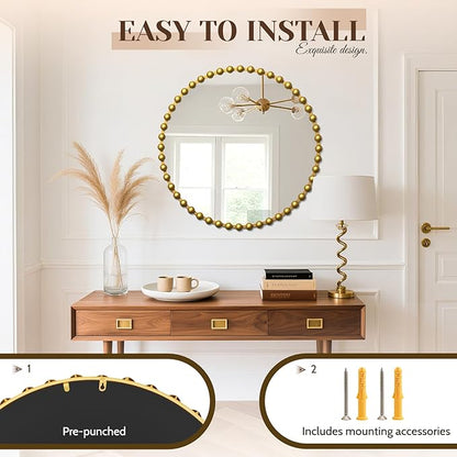 36''x36'' Beaded Gold Round Wall Mirror with Metal Frame, Small Vintage Retro Baroque Ornate Vanity Mirror for Bathroom, Fireplace,Entryway, Living Room