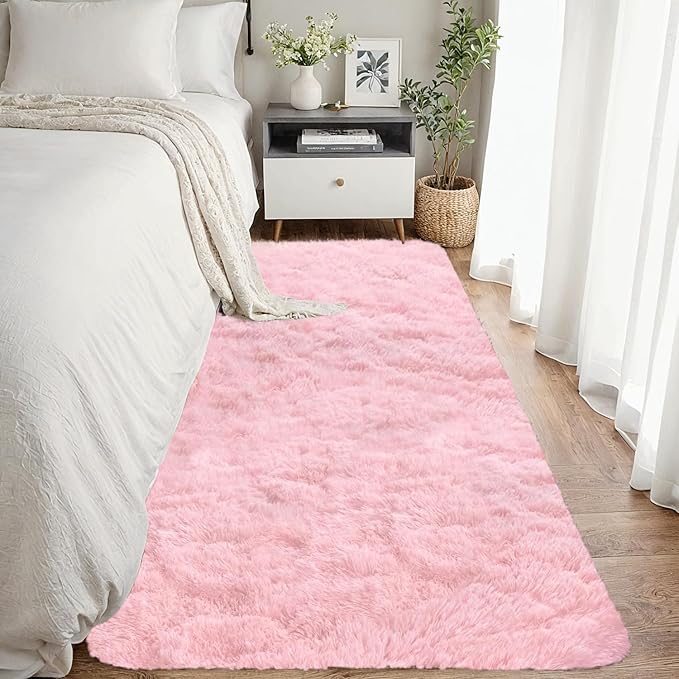 2x6 Bedside Area Rugs for Bedroom: Soft Fluffy Shag Pink Rug for Hallway, Non-Slip Fuzzy Plush Living Room Rug Indoor Floor Carpet for Kids Rooms, Dorm, Nursery, Modern Home Aesthetic Decor