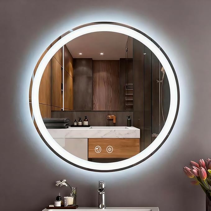 LTFUUAI 20" Round LED Bathroom Mirror with Lights, Smart Touch 3-Color Dimming Lighted Vanity Mirror wall Mounted, Anti-Fog Shatterproof with Front & Back Light, for Bathroom Vanity