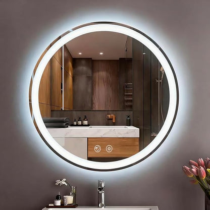 LTFUUAI 20" Round LED Bathroom Mirror with Lights, Smart Touch 3-Color Dimming Lighted Vanity Mirror wall Mounted, Anti-Fog Shatterproof with Front & Back Light, for Bathroom Vanity