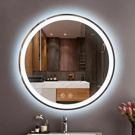 LTFUUAI 20" Round LED Bathroom Mirror with Lights, Smart Touch 3-Color Dimming Lighted Vanity Mirror wall Mounted, Anti-Fog Shatterproof with Front & Back Light, for Bathroom Vanity