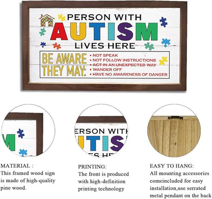 Autism Awareness Decor Sign, Wall Decor Art, Modern Farmhouse Home Decors, Autistic Support Wooden Plaque for Home, Wooden Framed Hanging Signs, Person with Autism Lives Here Sign 15×7.5×0.3 inches