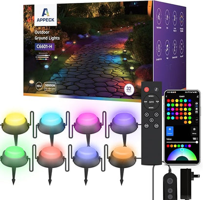 APPECK Outdoor Ground Lights 32 Pack, 100FT RGBW Color Changing Pathway Lights Wired, 2200K Warm White Smart Landscape Lighting, for Garden Yard Lawn Path Holiday Party Decor, with App/Voice Control