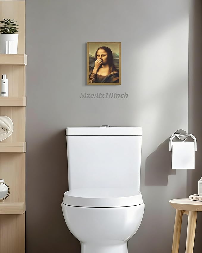 XYHYRA Vintage Mona Lisa Bathroom Wall Art, Funny Mona Lisa Pinching Nose Wall Decor, Humor Amusing restroom Canvas Print Painting for Toilet Bathroom Home Decor 8x10 Inch Framed