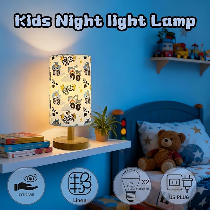 Shark Night Light Lamp for Boys Bedroom - 3-Way Dimmable Nursery Lamp with Wood Base & Linen Shade, Boho Kids Room Decor, Safe Baby Gift for Boys, Toddlers,Nursery, Teens