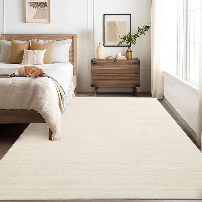 5x7 Washable Rugs Non Slip Minimalist Area Rug for Bedroom Soft Low Pile Solid Color Large Bedroom Throw Carpet Stain Resistant Classic Neutral Area Rug Plain Boho Rugs for Kitchen Nursery, Ivory